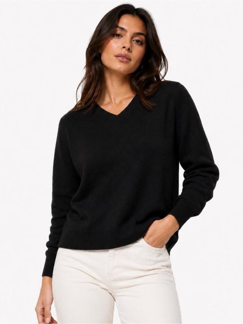 Valerie Stevens Black V-Neck 100% Cashmere Sweater